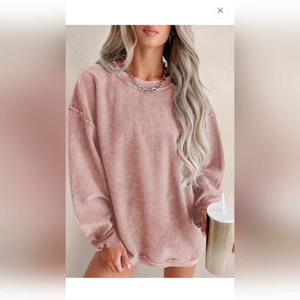 Women's Pink RIBBED Crew‎ Neck Sweatshirt